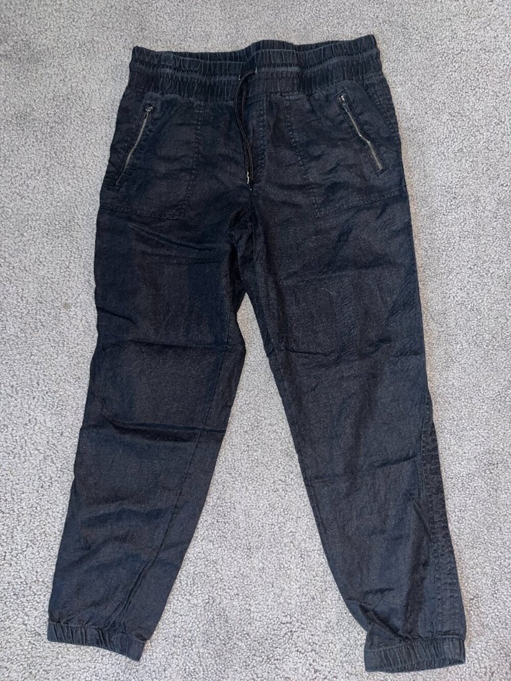 ATHLETA CABO 100% LINEN JOGGER in BLACK - PULL-ON - ELASTIC ANKLE- EUC - SIZE 12